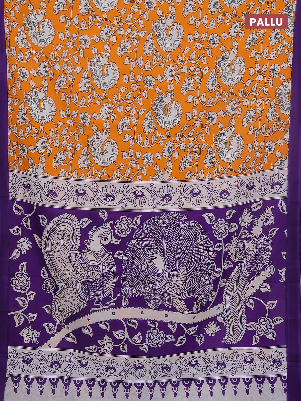 Kalamkari semi silk saree orange and violet with allover prints and simple border - Image 3