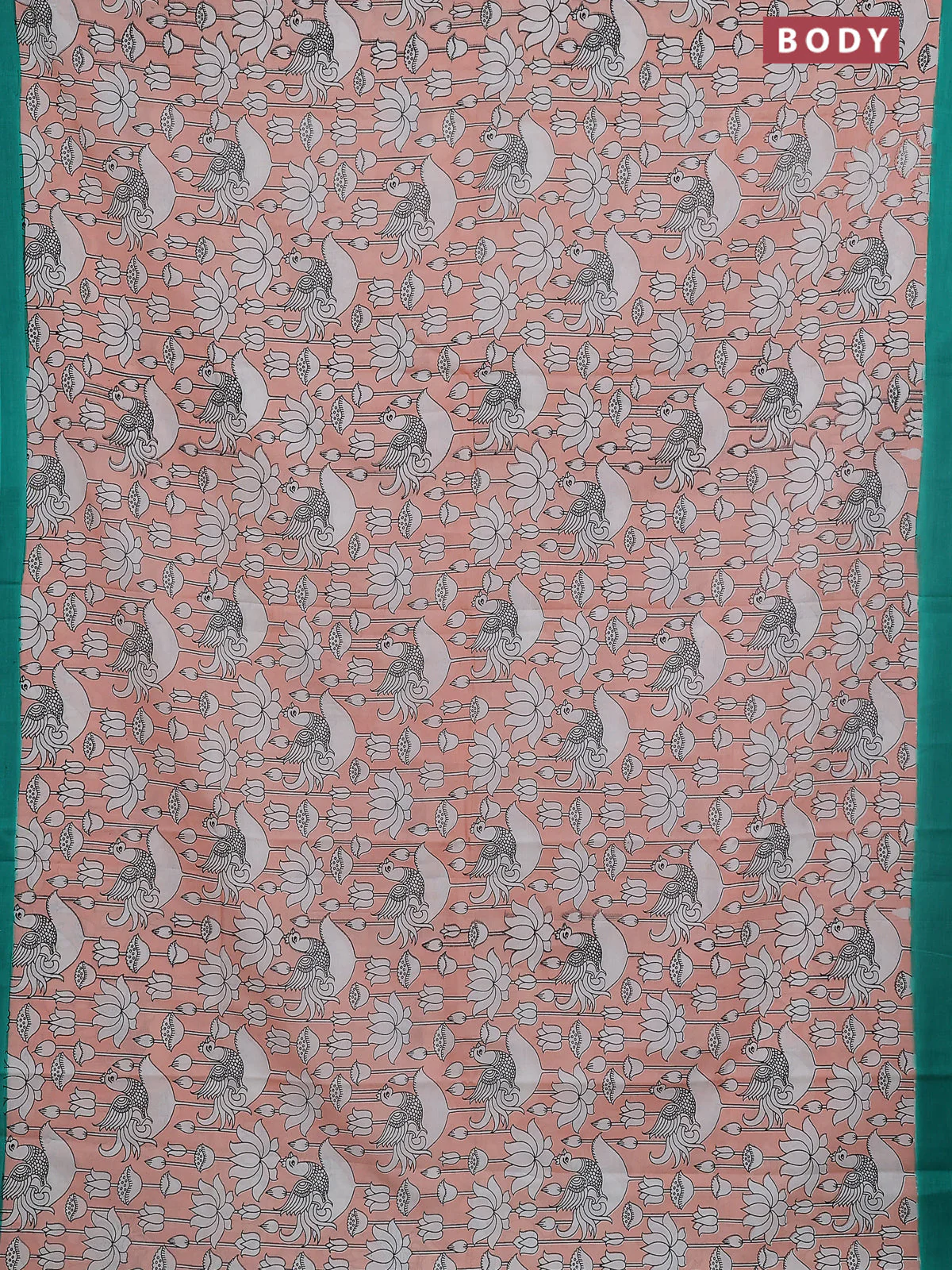 Kalamkari semi silk saree peach orange and green with allover prints and simple border - Image 2