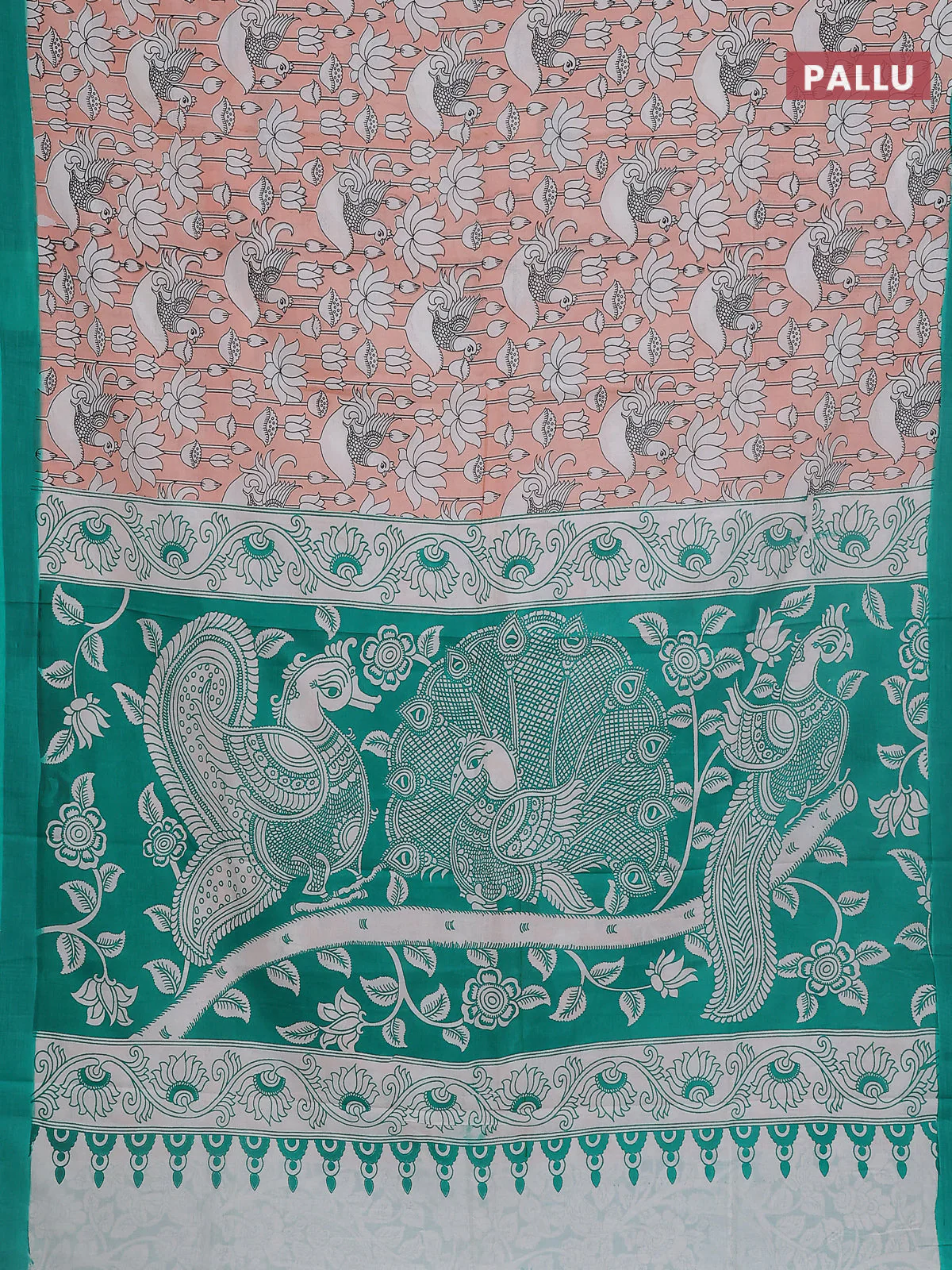 Kalamkari semi silk saree peach orange and green with allover prints and simple border - Image 3