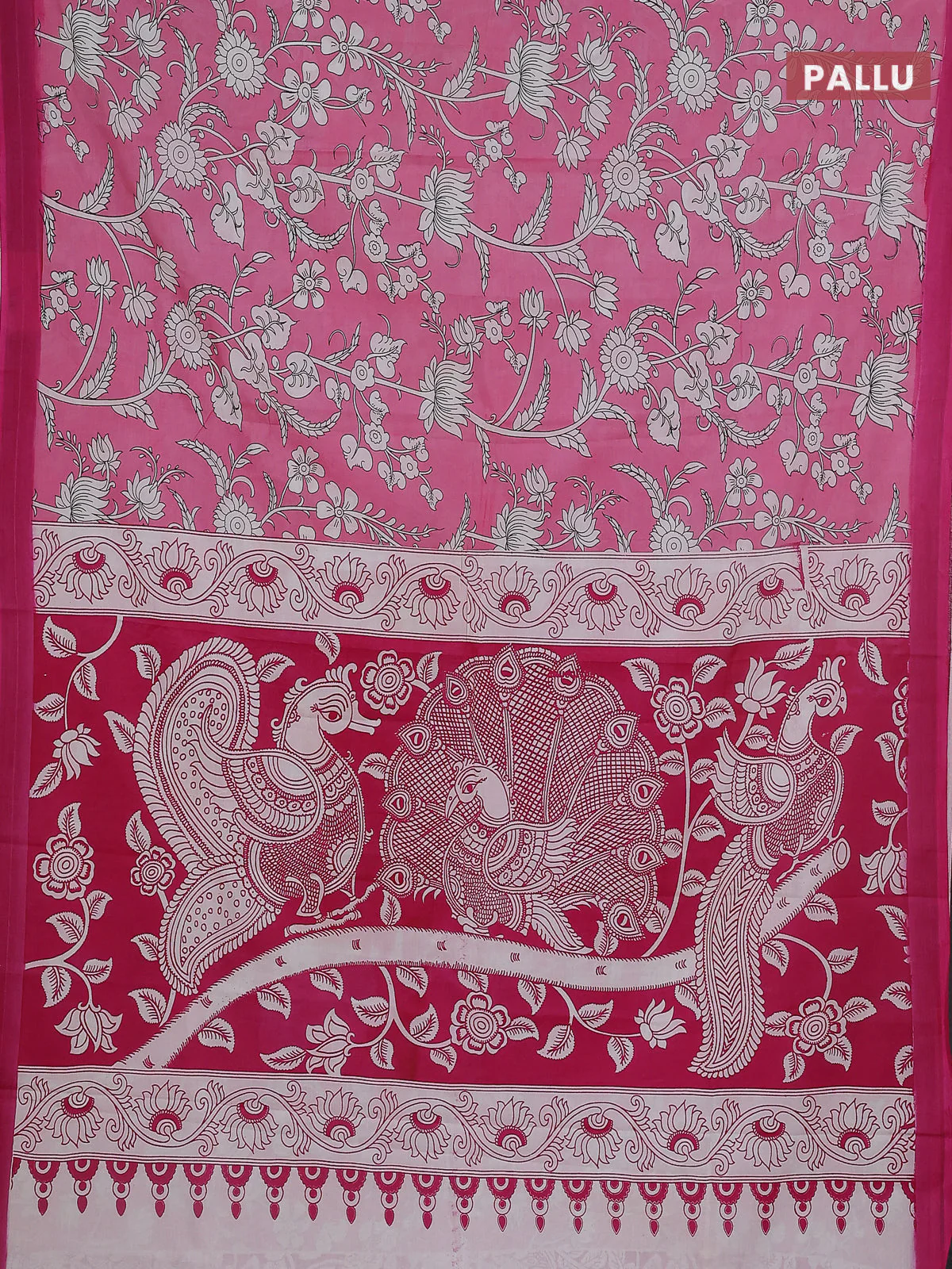 Kalamkari semi silk saree peach pink and pink with allover prints and simple border - Image 3