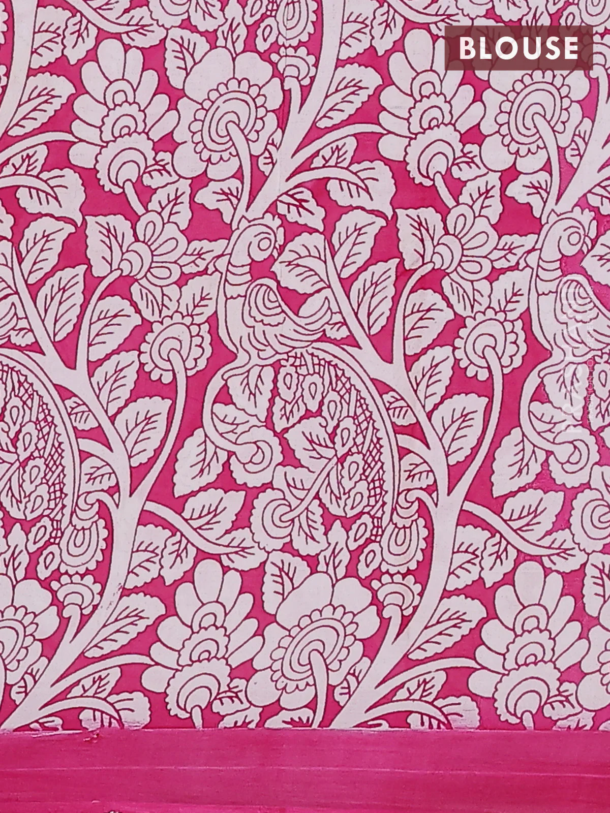 Kalamkari semi silk saree peach pink and pink with allover prints and simple border - Image 4