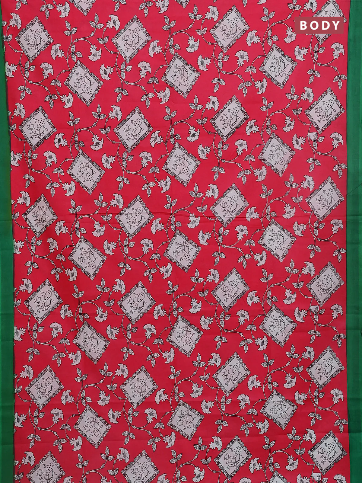 Kalamkari semi silk saree pink and green with allover prints and simple border - Image 2