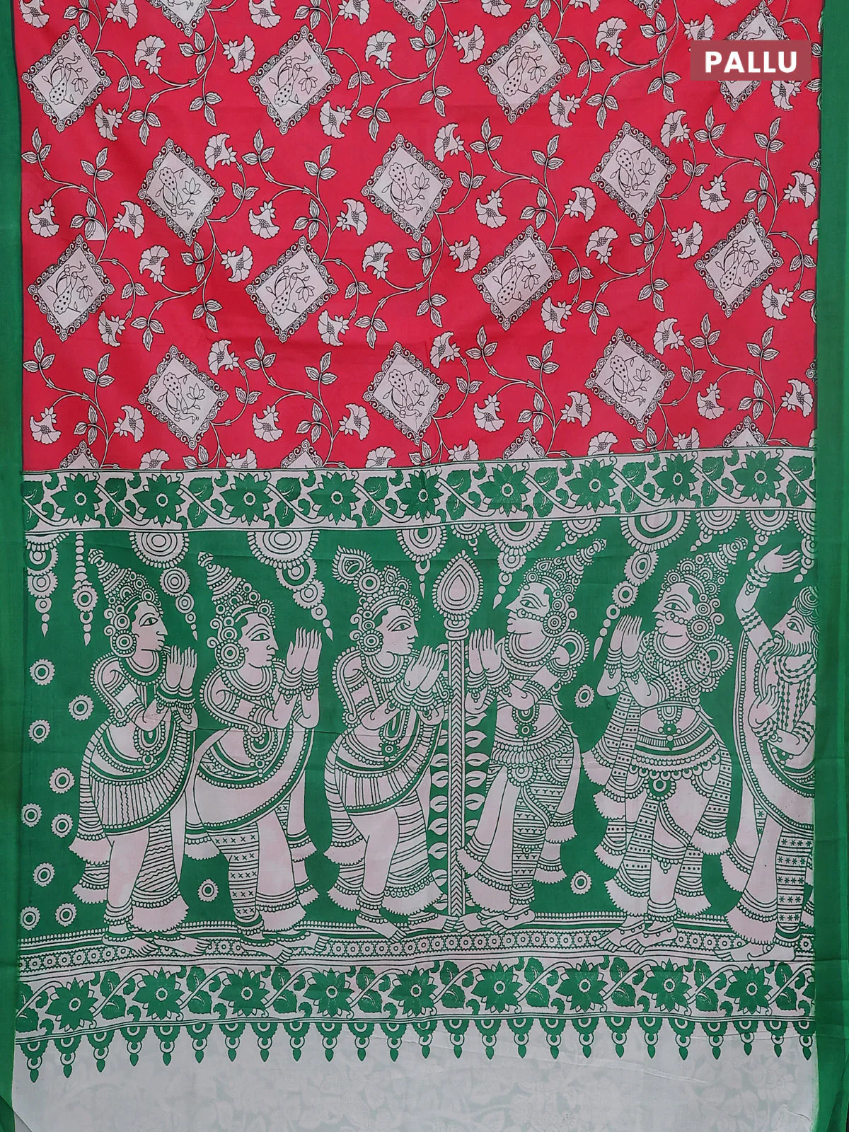 Kalamkari semi silk saree pink and green with allover prints and simple border - Image 3