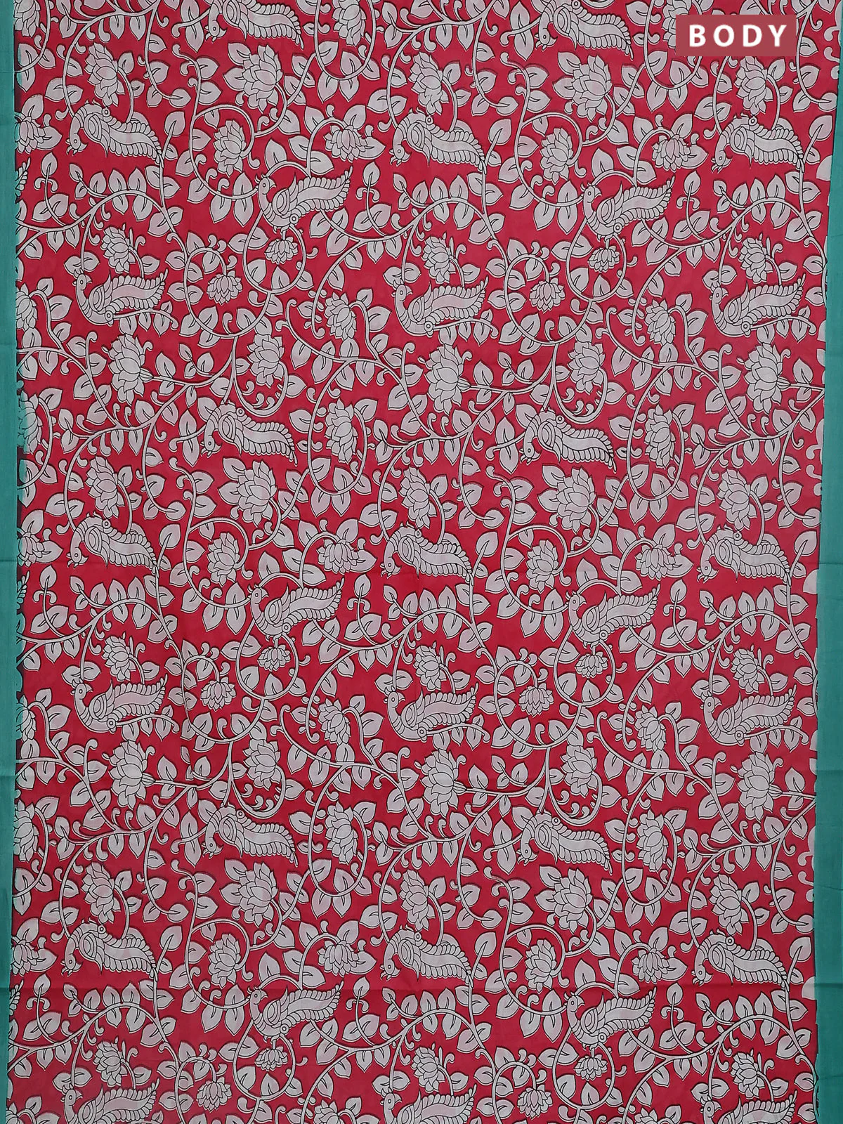 Kalamkari semi silk saree pink and teal green with allover prints and simple border - Image 2