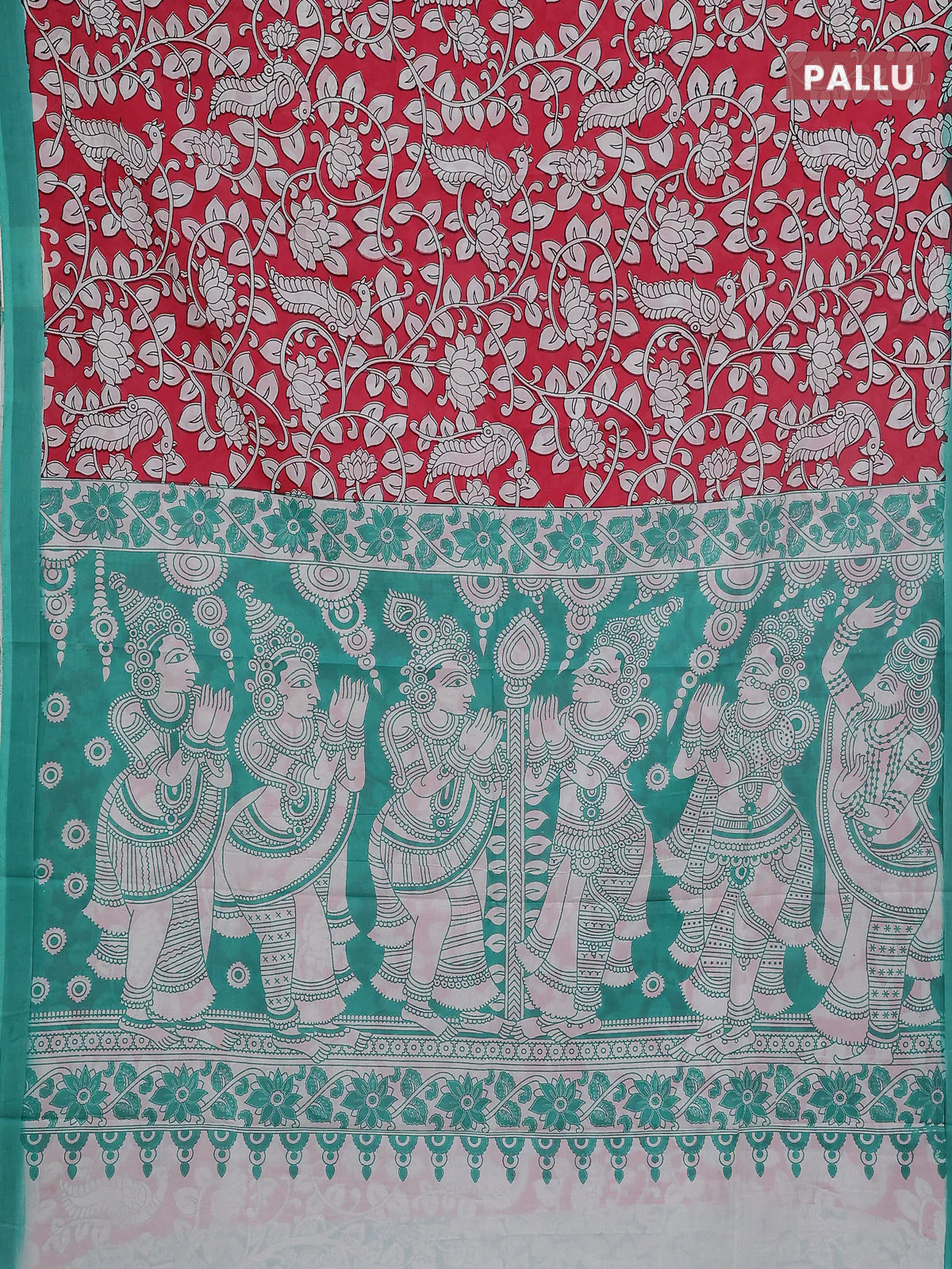 Kalamkari semi silk saree pink and teal green with allover prints and simple border - Image 3