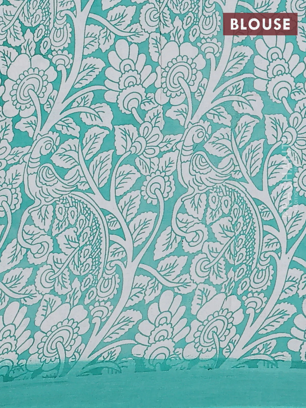 Kalamkari semi silk saree pink and teal green with allover prints and simple border - Image 4