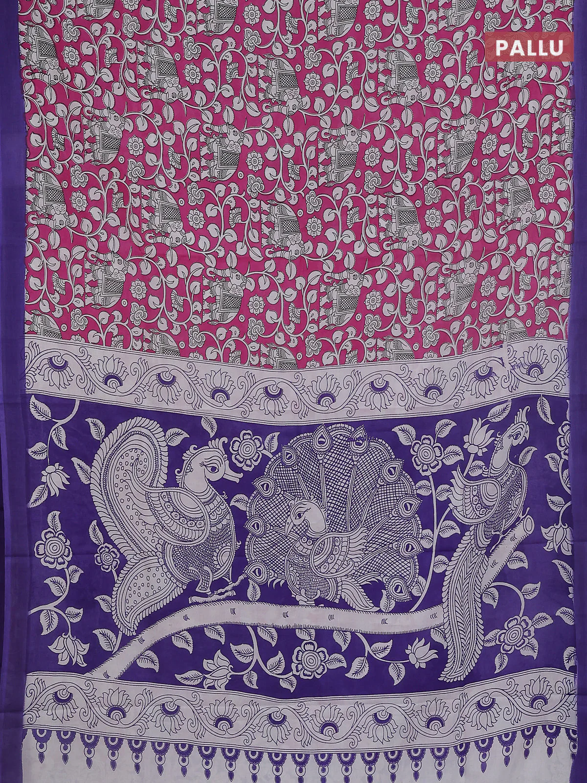 Kalamkari semi silk saree pink and violet with allover prints and simple border - Image 3