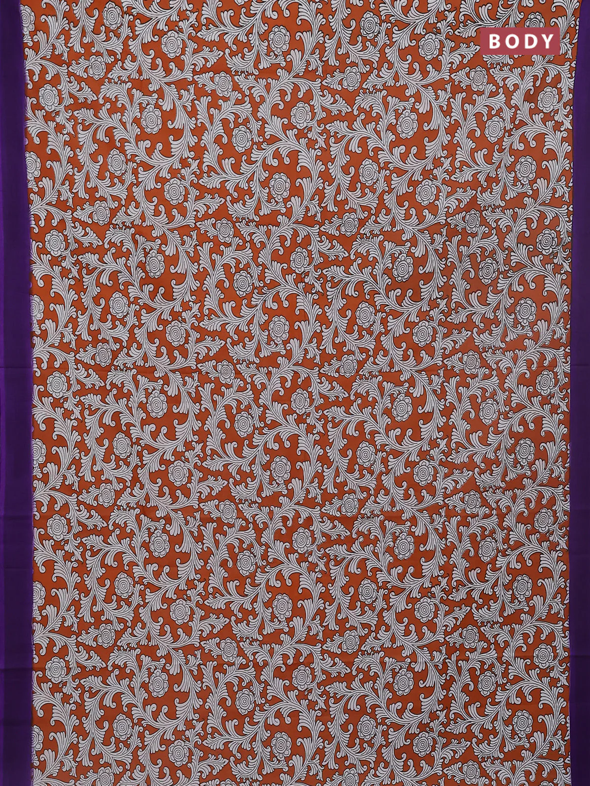 Kalamkari semi silk saree rustic orange and violet with allover prints and simple border - Image 2