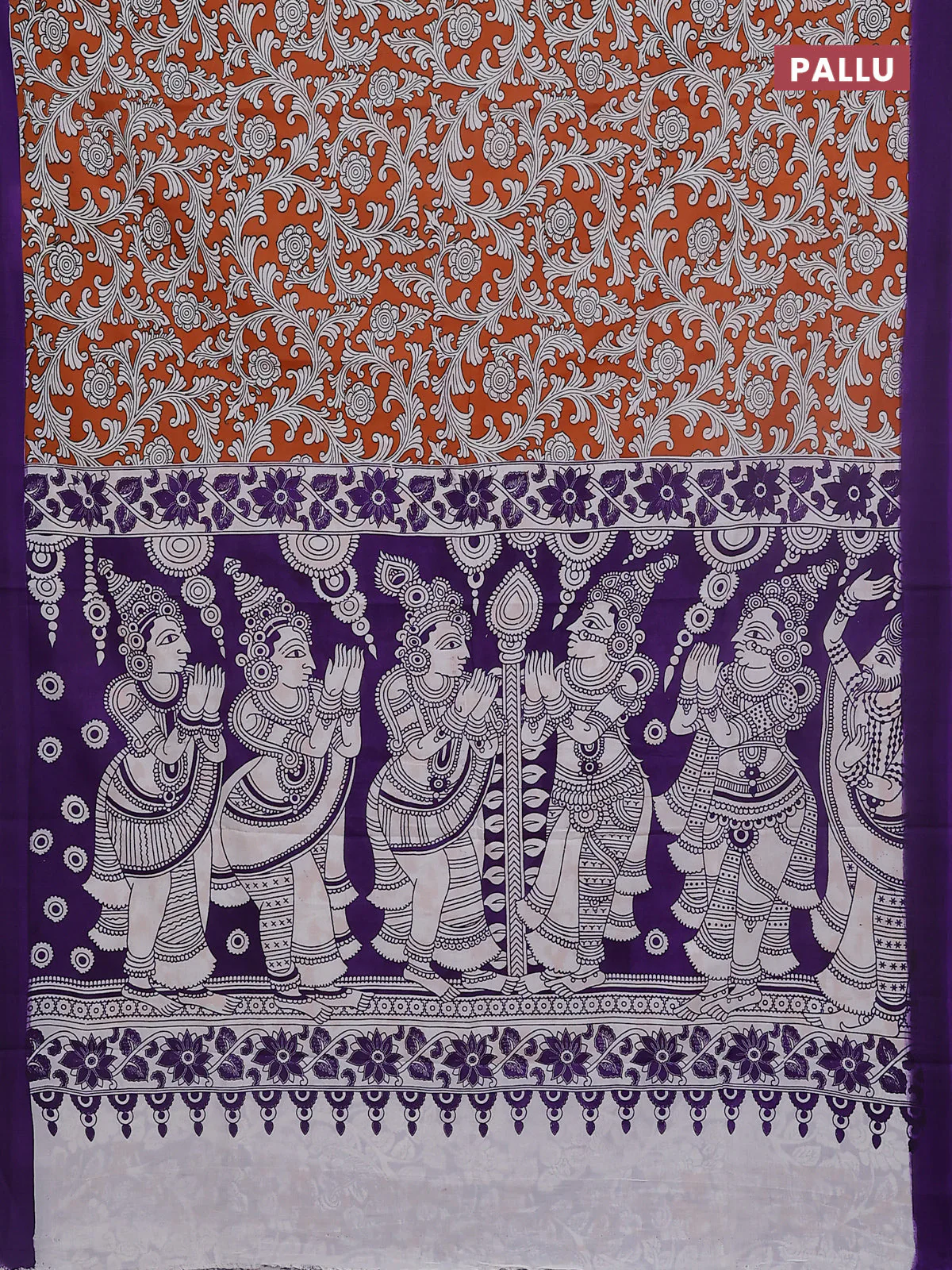Kalamkari semi silk saree rustic orange and violet with allover prints and simple border - Image 3
