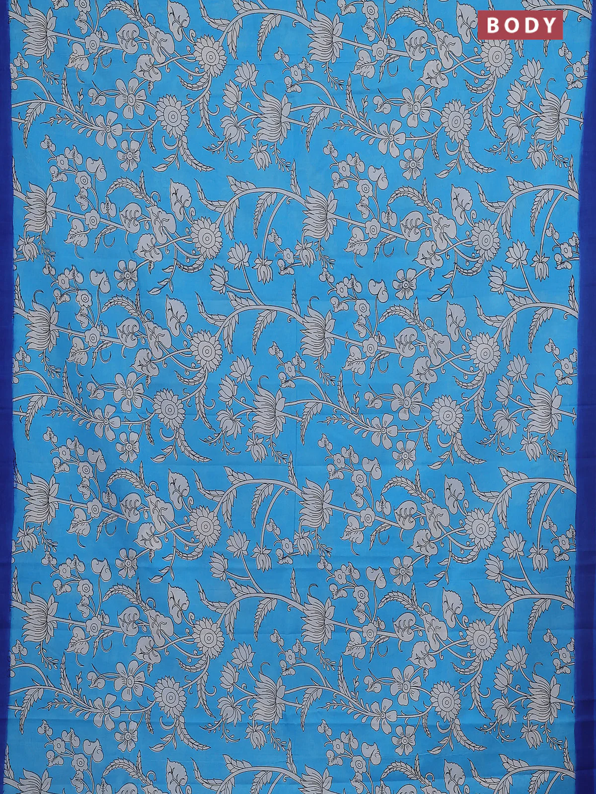Kalamkari semi silk saree teal blue and blue with allover prints and simple border - Image 2