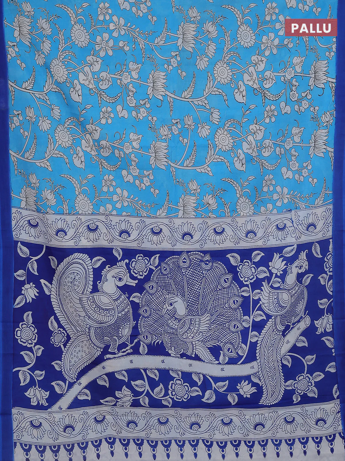 Kalamkari semi silk saree teal blue and blue with allover prints and simple border - Image 3