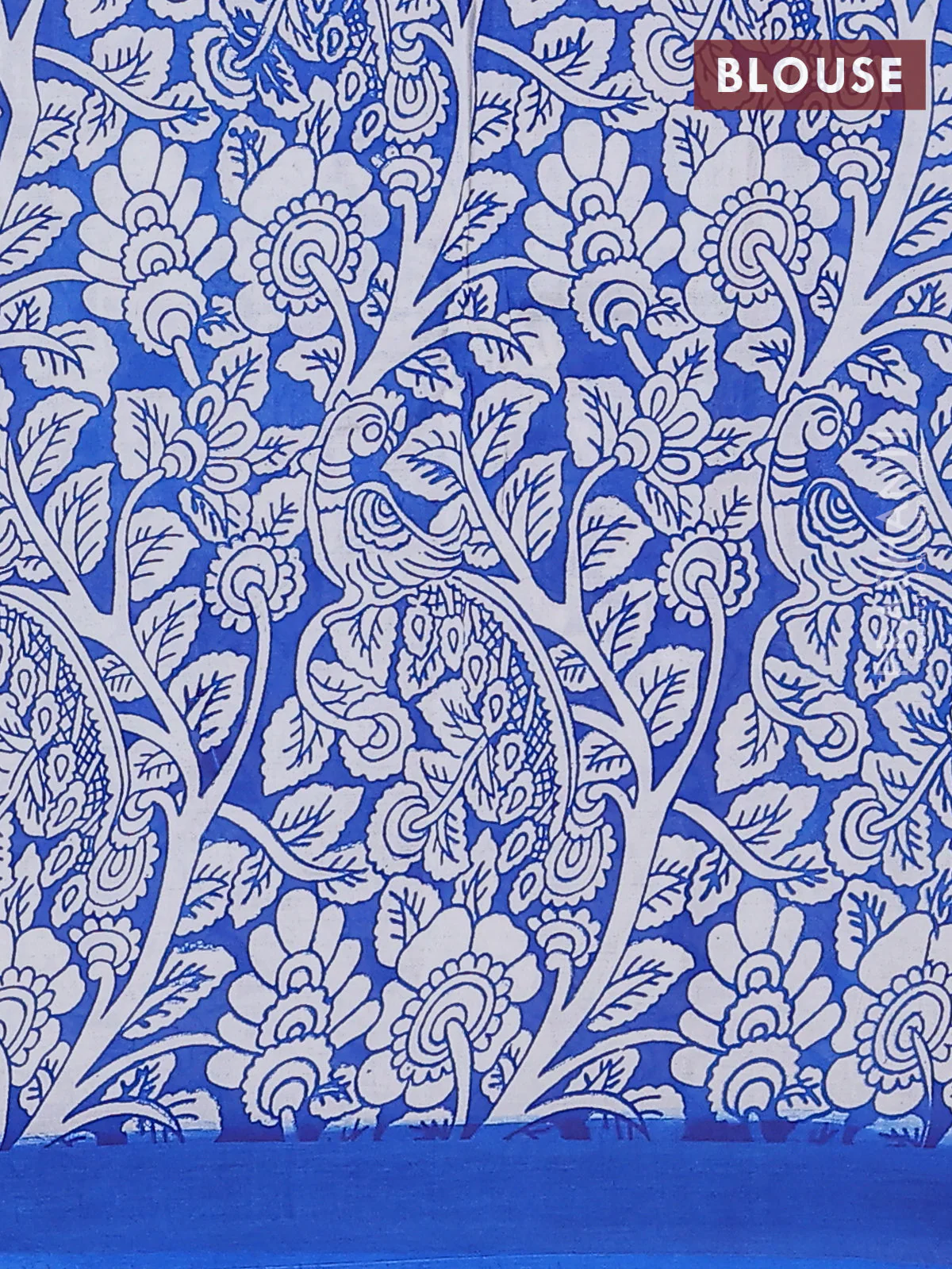 Kalamkari semi silk saree teal blue and blue with allover prints and simple border - Image 4
