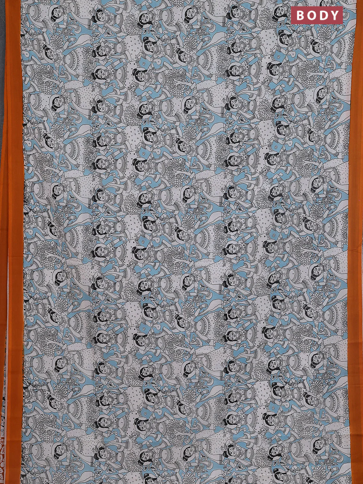 Kalamkari semi silk saree teal blue and orange with allover prints and simple border - Image 2