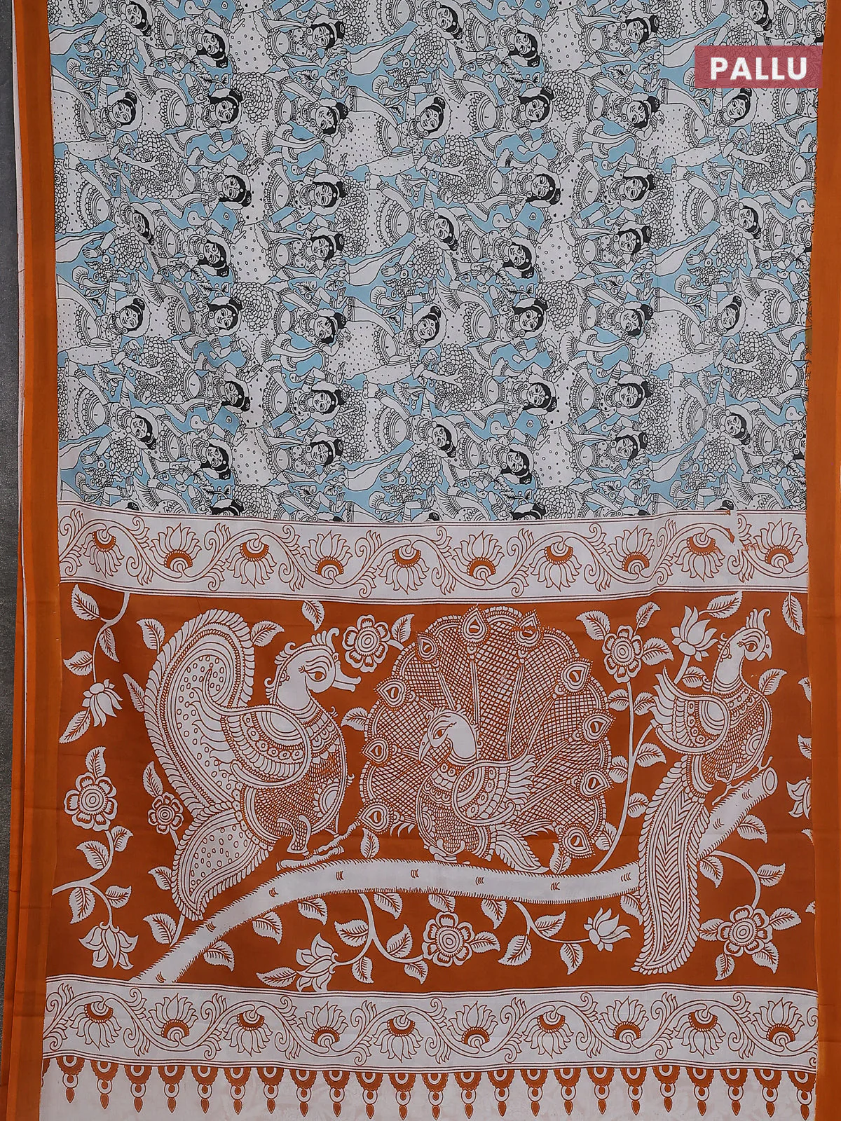 Kalamkari semi silk saree teal blue and orange with allover prints and simple border - Image 3