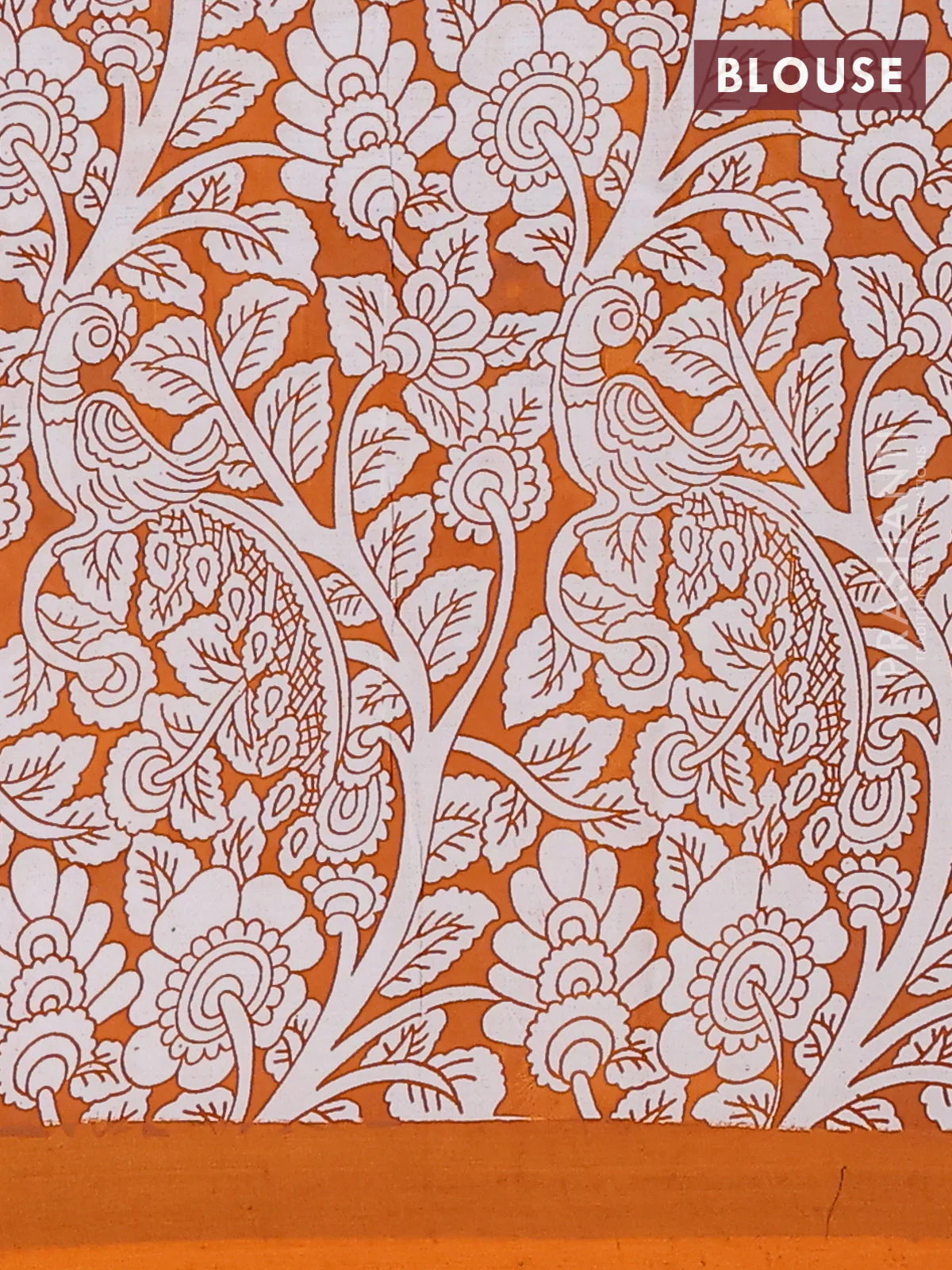 Kalamkari semi silk saree teal blue and orange with allover prints and simple border - Image 4