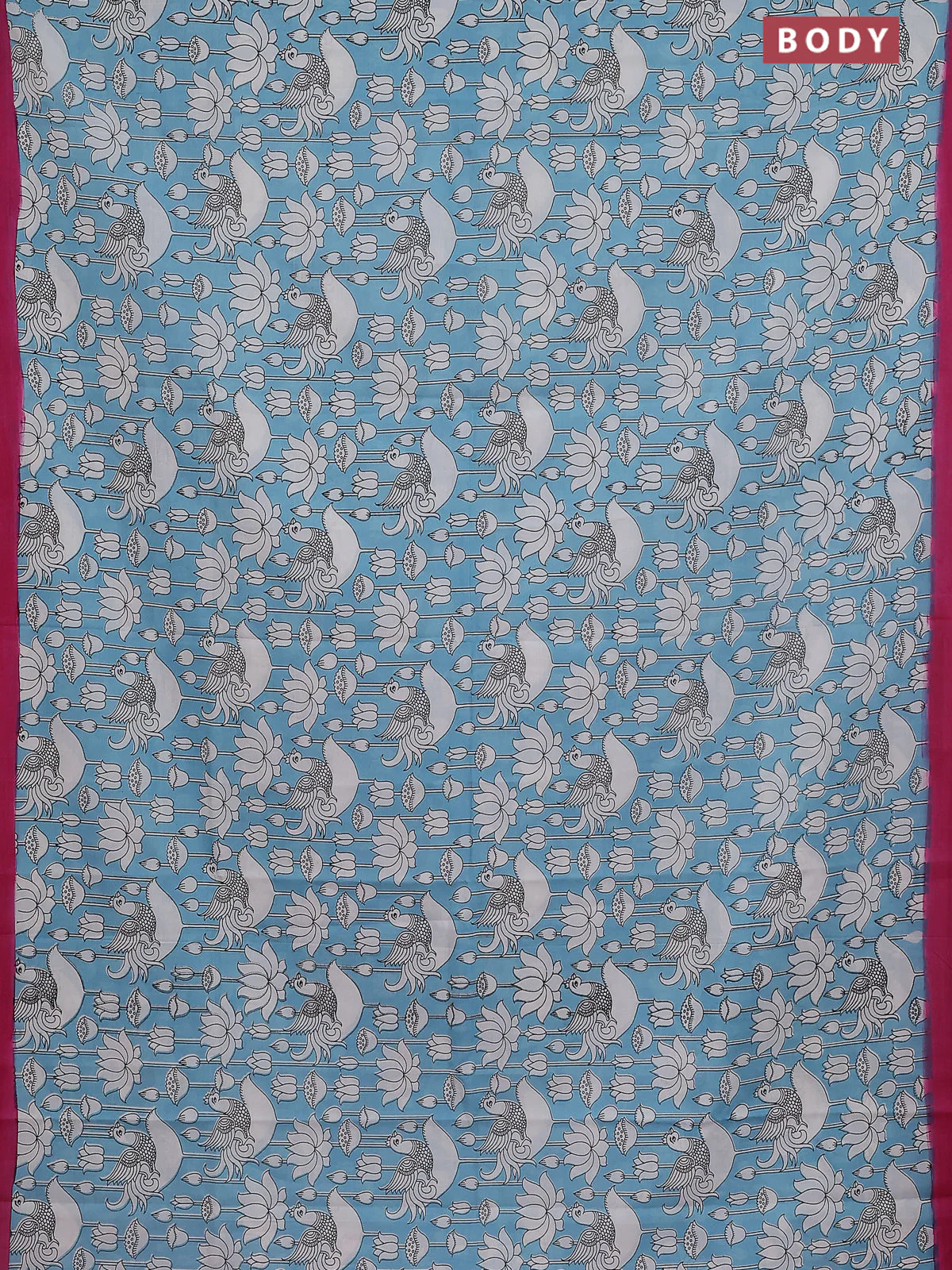 Kalamkari semi silk saree teal blue and pink with allover prints and simple border - Image 2