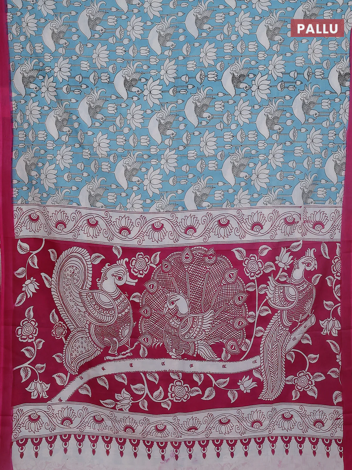 Kalamkari semi silk saree teal blue and pink with allover prints and simple border - Image 3