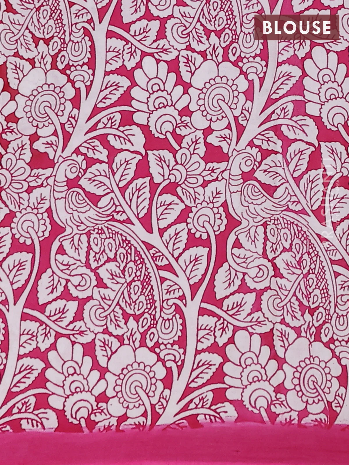 Kalamkari semi silk saree teal blue and pink with allover prints and simple border - Image 4