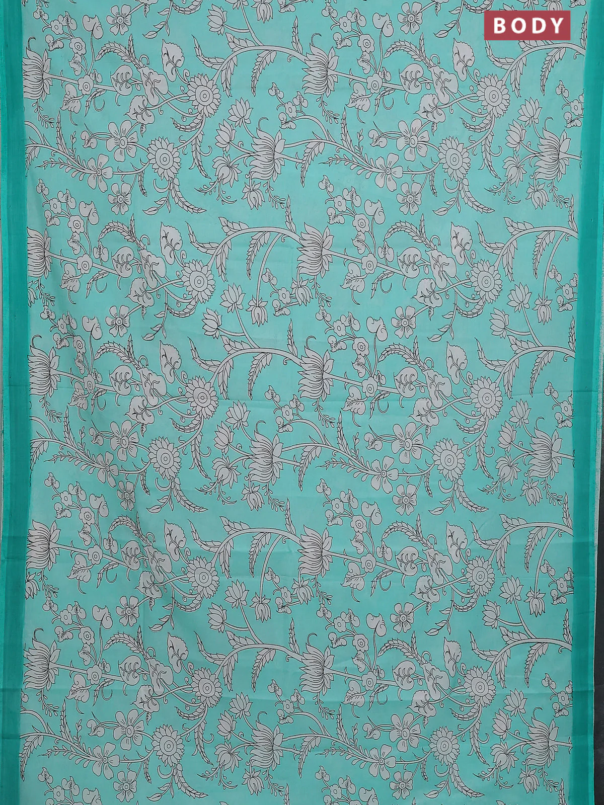 Kalamkari semi silk saree teal green and green with allover prints and simple border - Image 2