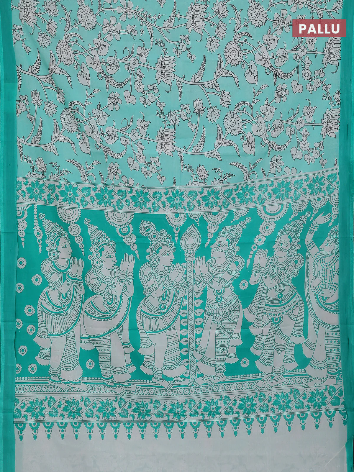 Kalamkari semi silk saree teal green and green with allover prints and simple border - Image 3