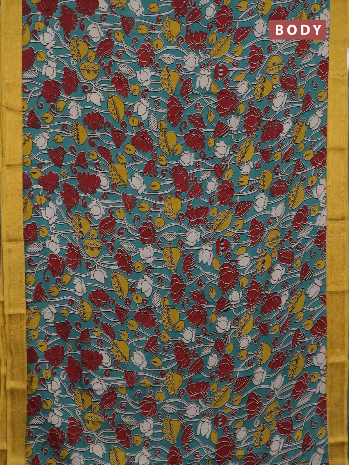 Kalamkari semi silk saree teal green and lime yellow with allover prints and mangalgiri border - Image 2