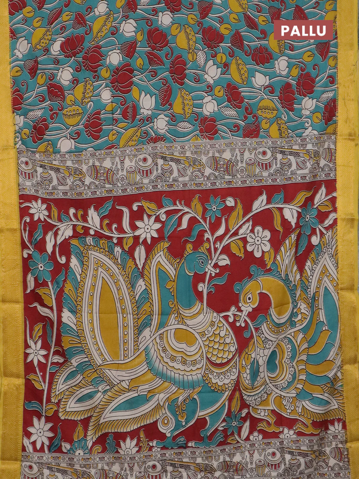 Kalamkari semi silk saree teal green and lime yellow with allover prints and mangalgiri border - Image 3