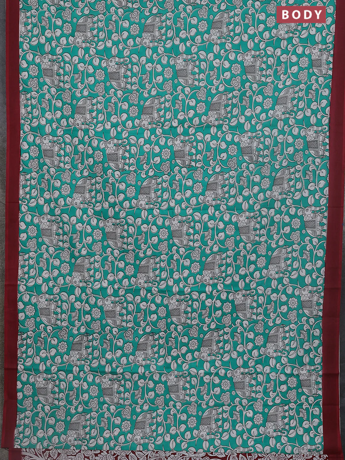 Kalamkari semi silk saree teal green and mauve pink with allover prints and simple border - Image 2