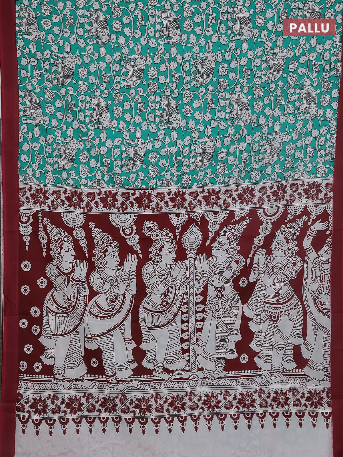 Kalamkari semi silk saree teal green and mauve pink with allover prints and simple border - Image 3