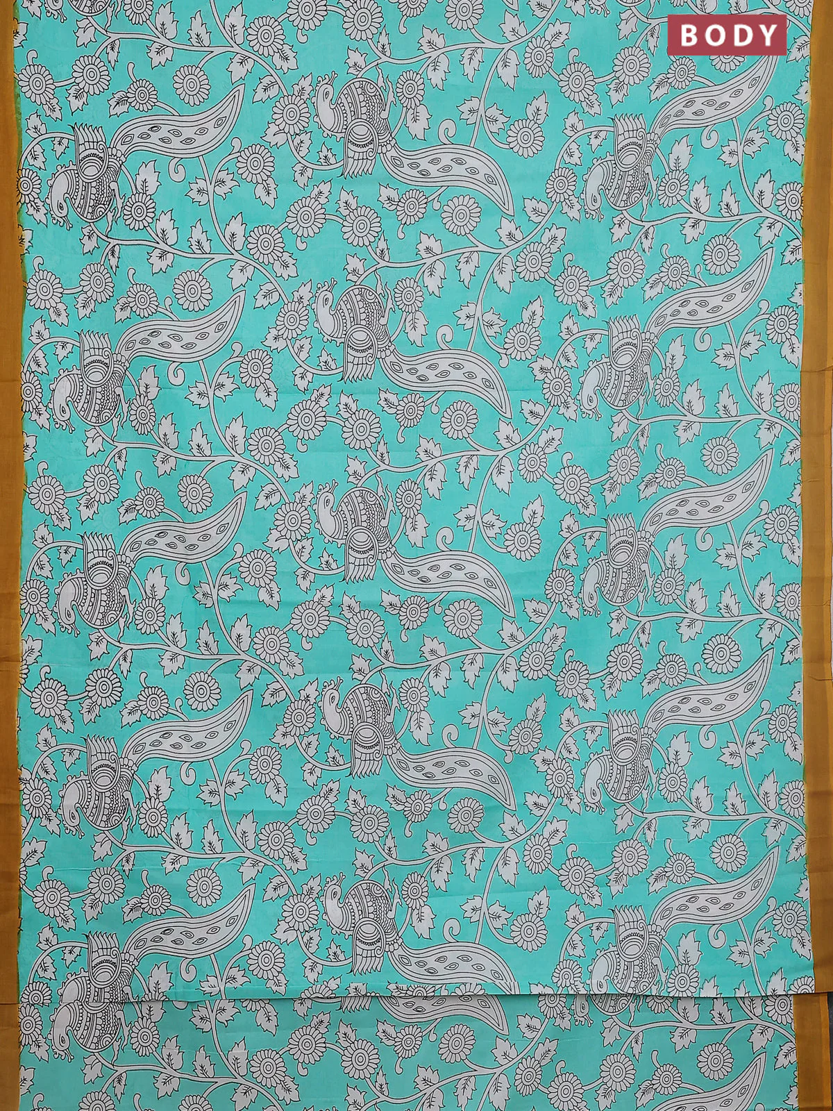 Kalamkari semi silk saree teal green and mustard yellow with allover prints and simple border - Image 2
