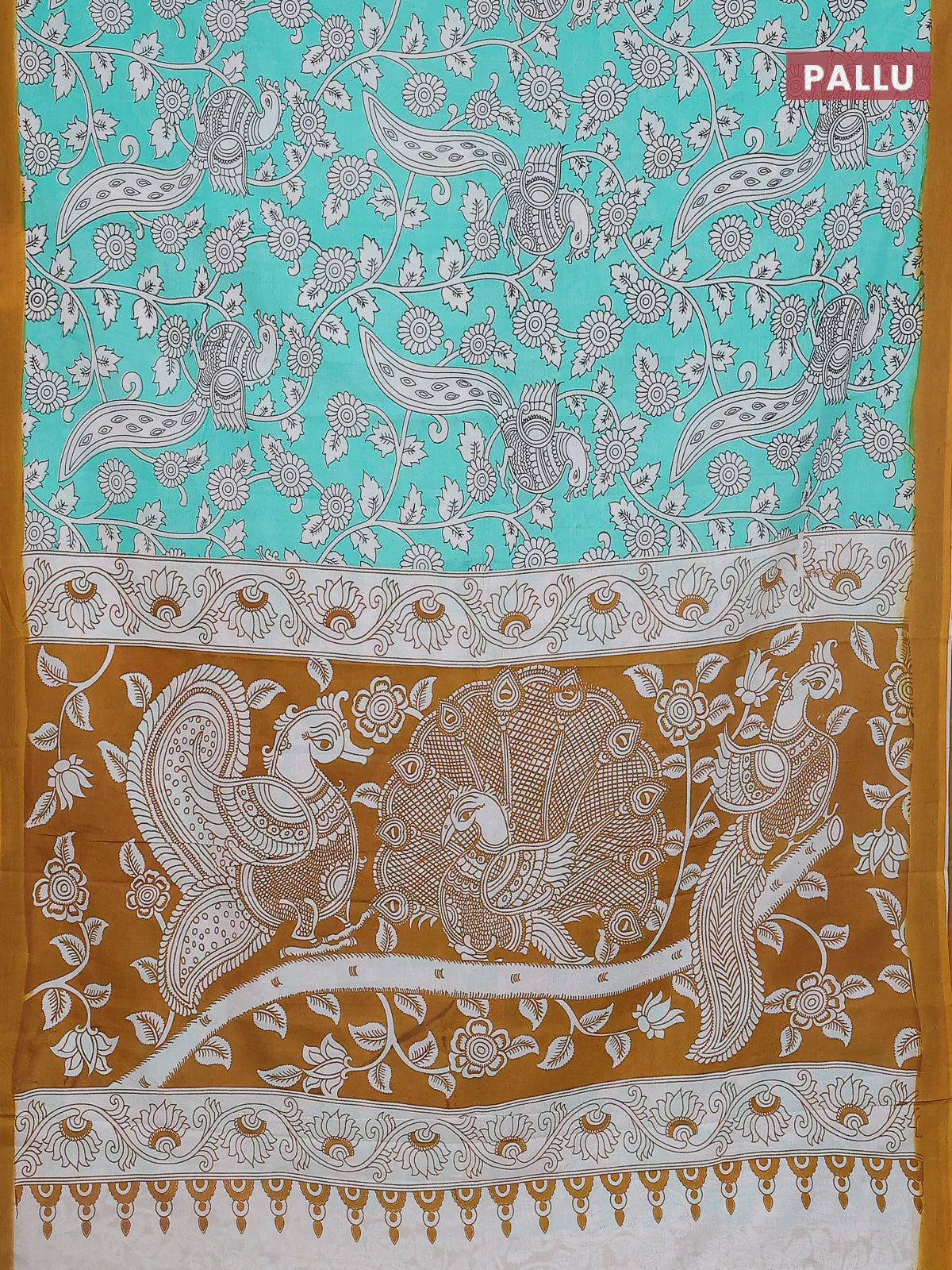 Kalamkari semi silk saree teal green and mustard yellow with allover prints and simple border - Image 3