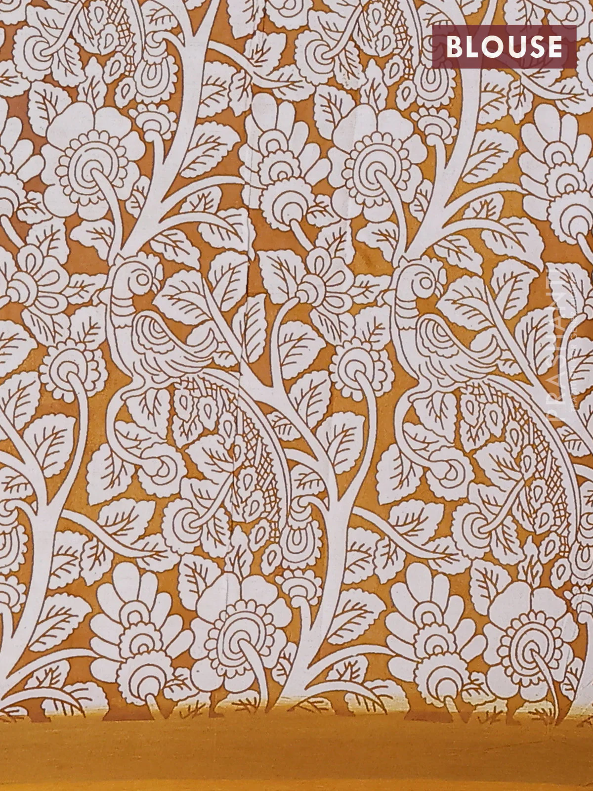 Kalamkari semi silk saree teal green and mustard yellow with allover prints and simple border - Image 4