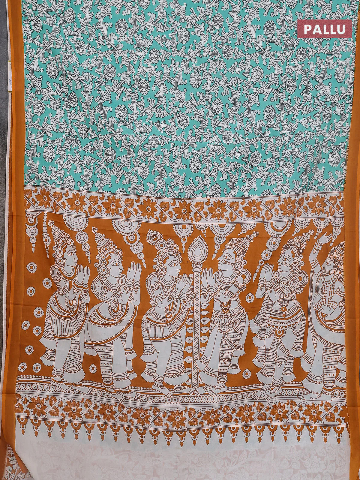 Kalamkari semi silk saree teal green and orange with allover prints and simple border - Image 3