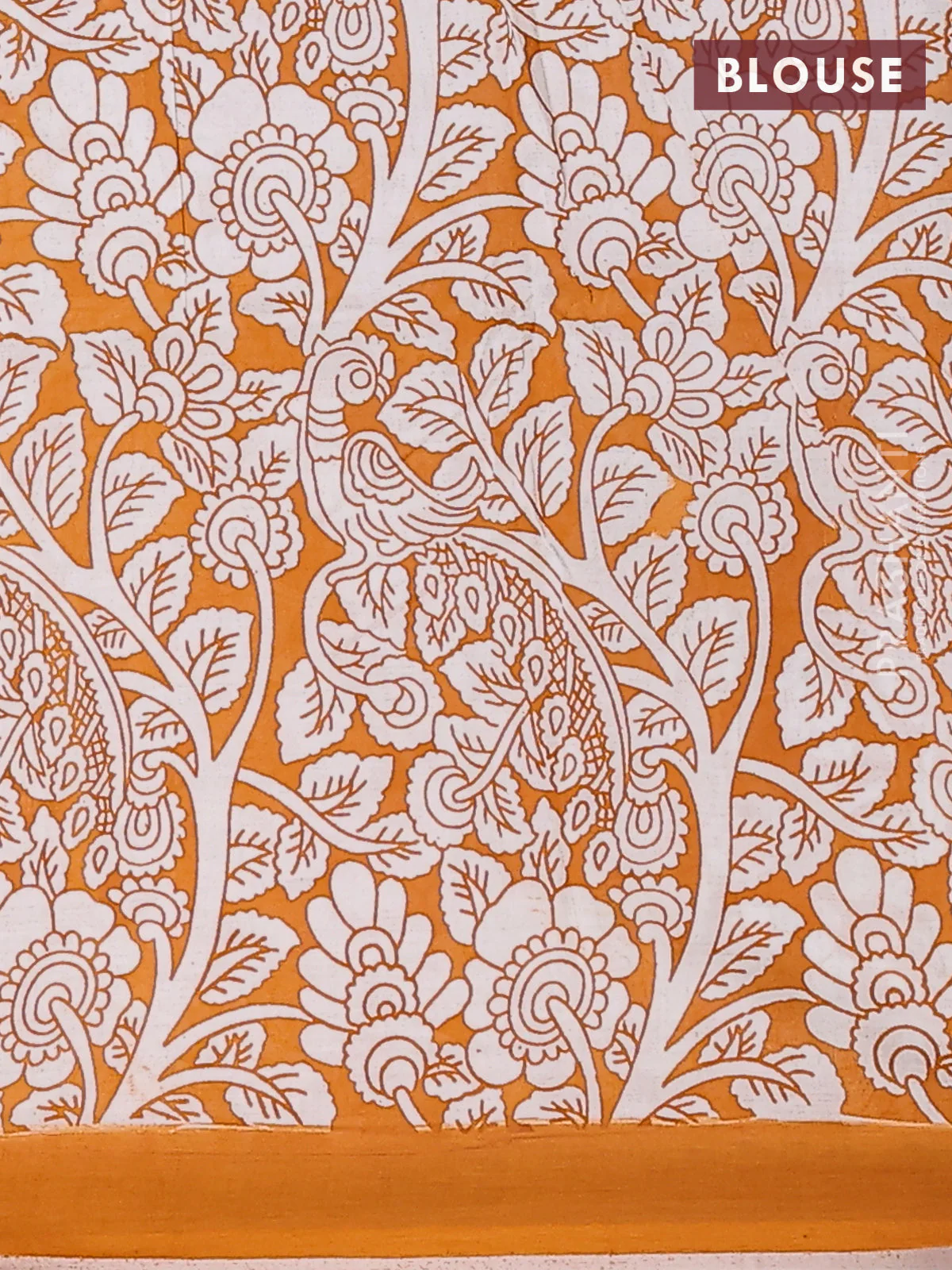 Kalamkari semi silk saree teal green and orange with allover prints and simple border - Image 4