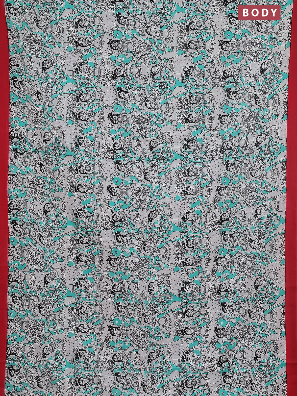 Kalamkari semi silk saree teal green and red with allover prints and simple border - Image 2