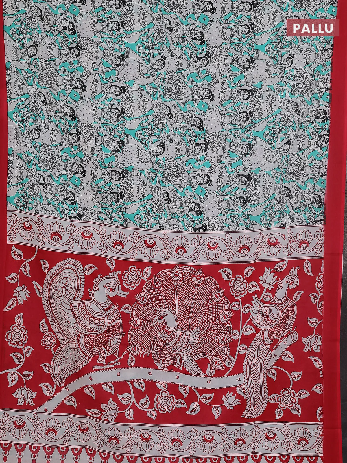 Kalamkari semi silk saree teal green and red with allover prints and simple border - Image 3