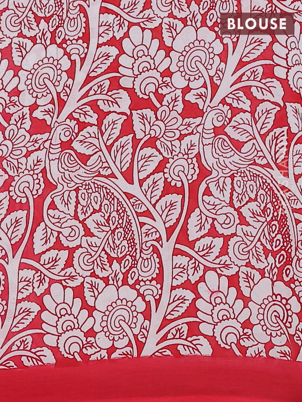 Kalamkari semi silk saree teal green and red with allover prints and simple border - Image 4
