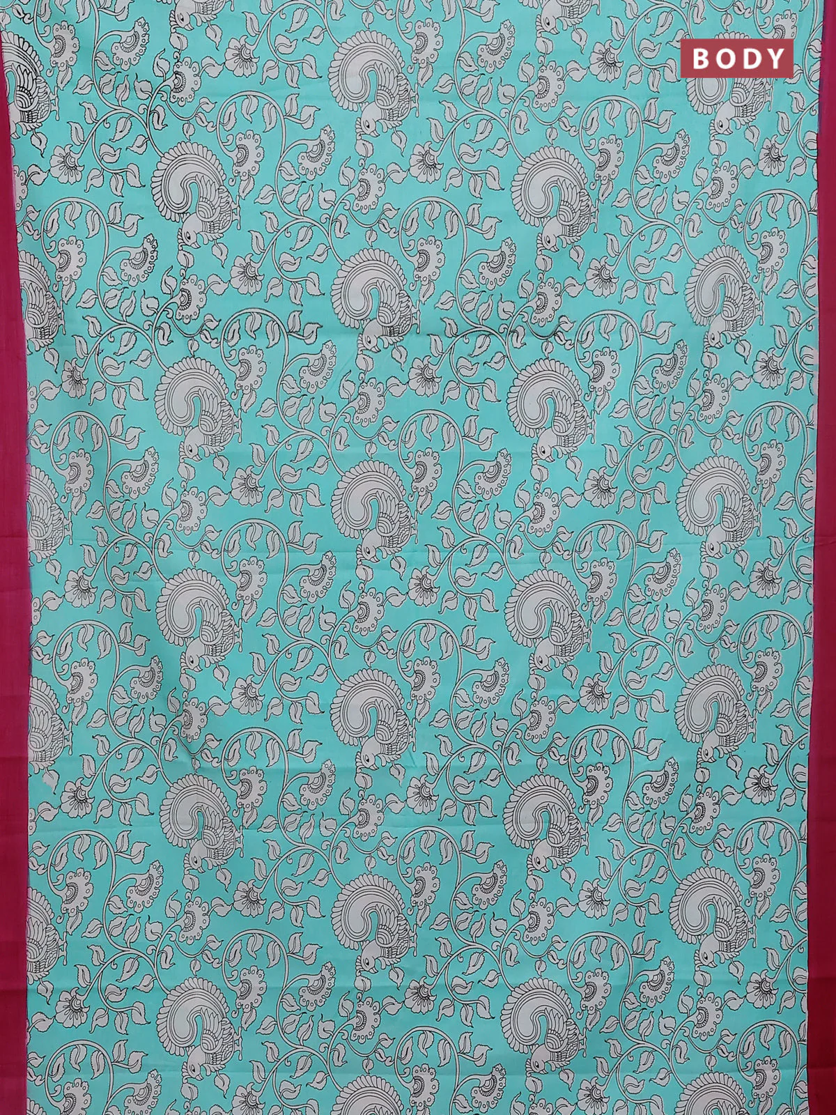 Kalamkari semi silk saree teal shade and dark pink with allover prints and simple border - Image 2