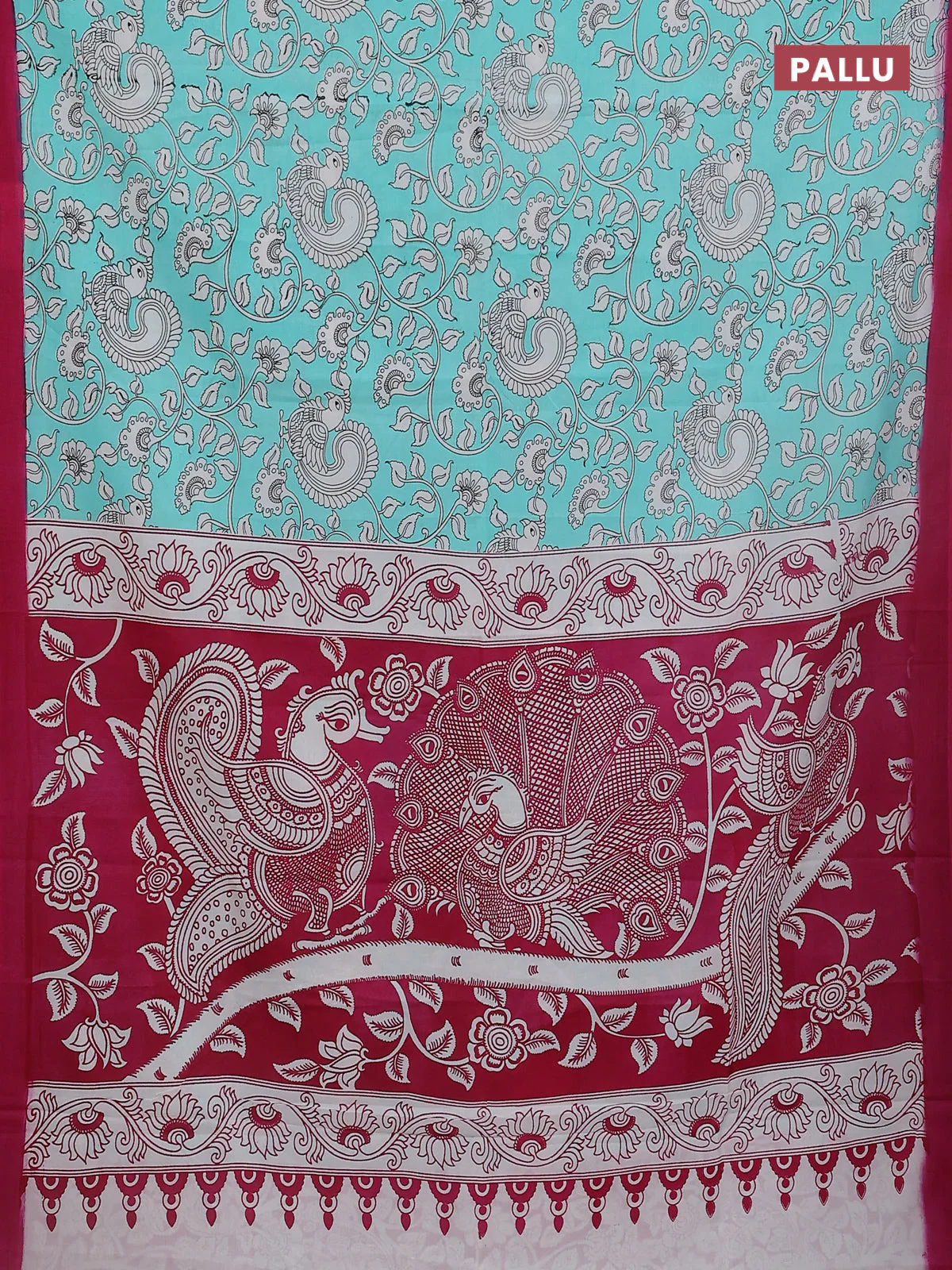 Kalamkari semi silk saree teal shade and dark pink with allover prints and simple border - Image 3