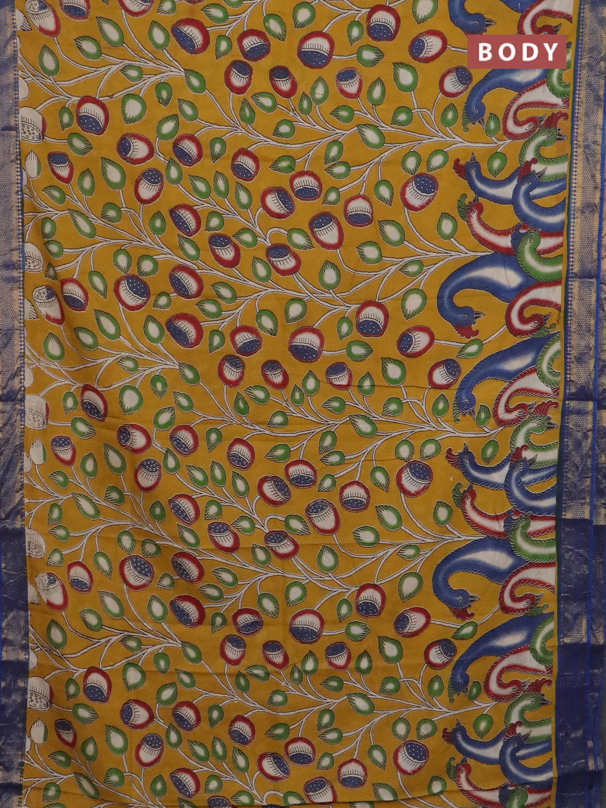 Kalamkari semi silk saree yellow and blue with allover prints and mangalgiri border - Image 2