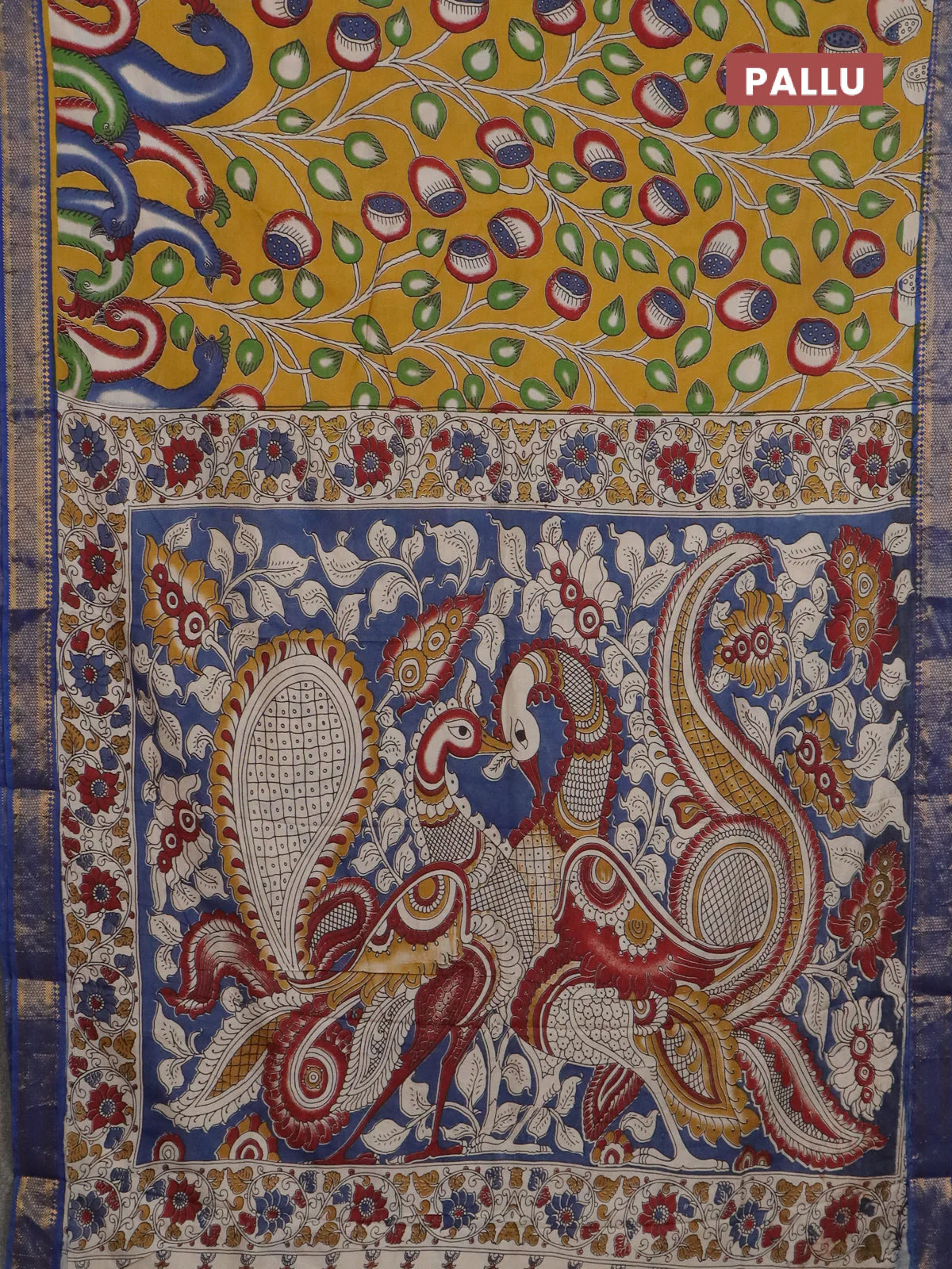 Kalamkari semi silk saree yellow and blue with allover prints and mangalgiri border - Image 3