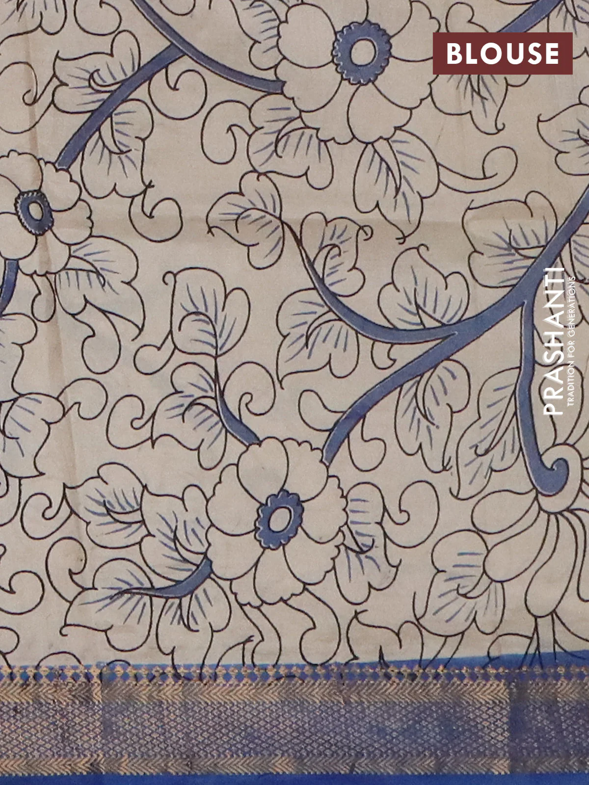 Kalamkari semi silk saree yellow and blue with allover prints and mangalgiri border - Image 4
