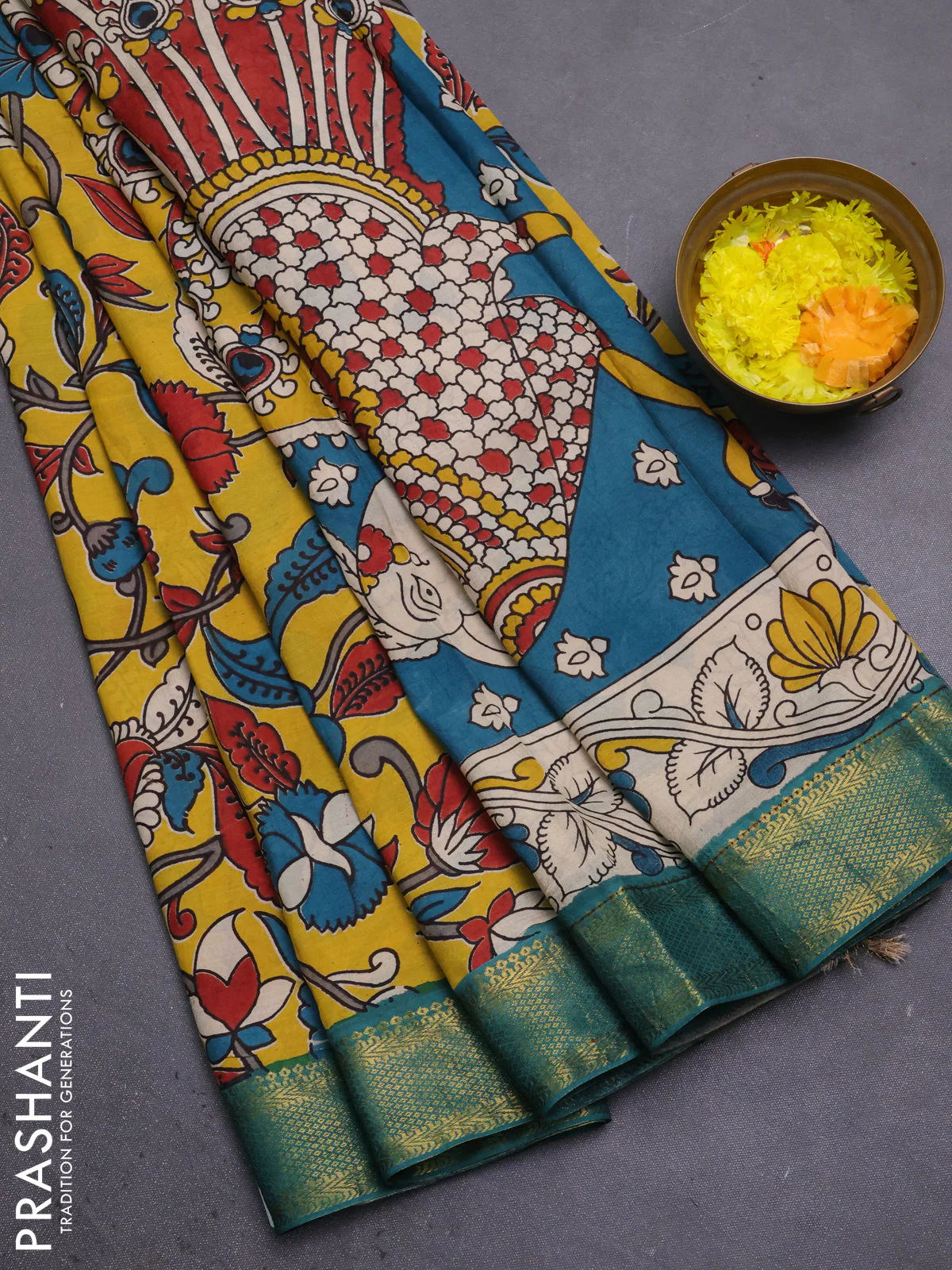 Kalamkari semi silk saree yellow and green with allover prints and mangalgiri border