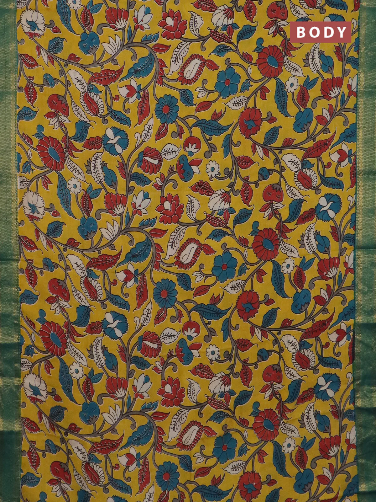 Kalamkari semi silk saree yellow and green with allover prints and mangalgiri border - Image 2