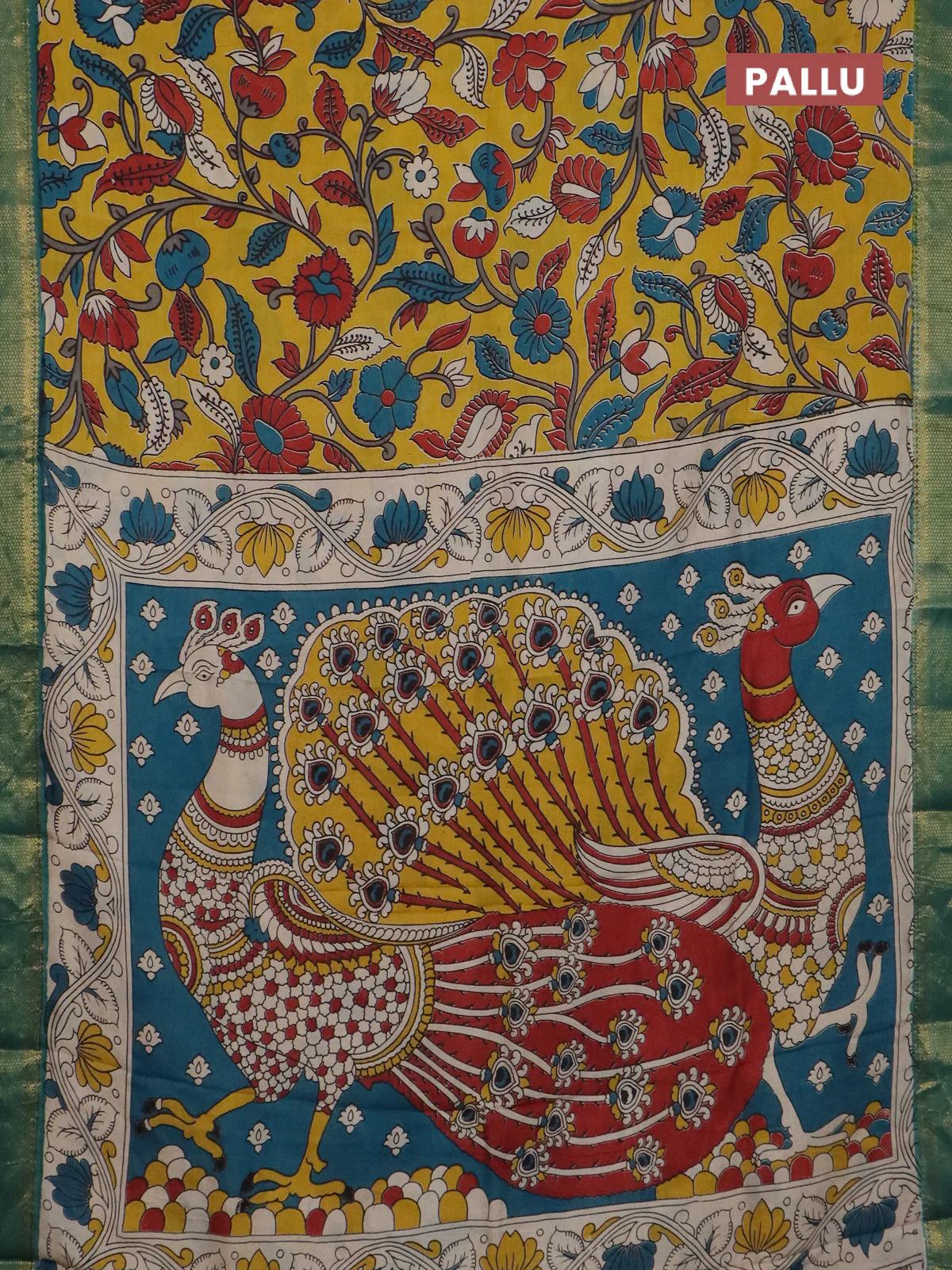 Kalamkari semi silk saree yellow and green with allover prints and mangalgiri border - Image 3