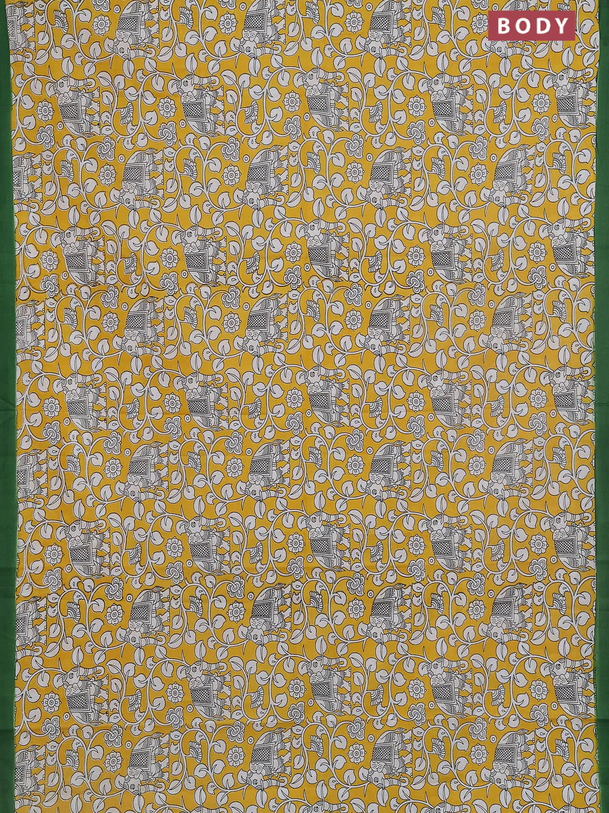 Kalamkari semi silk saree yellow and green with allover prints and simple border - Image 2