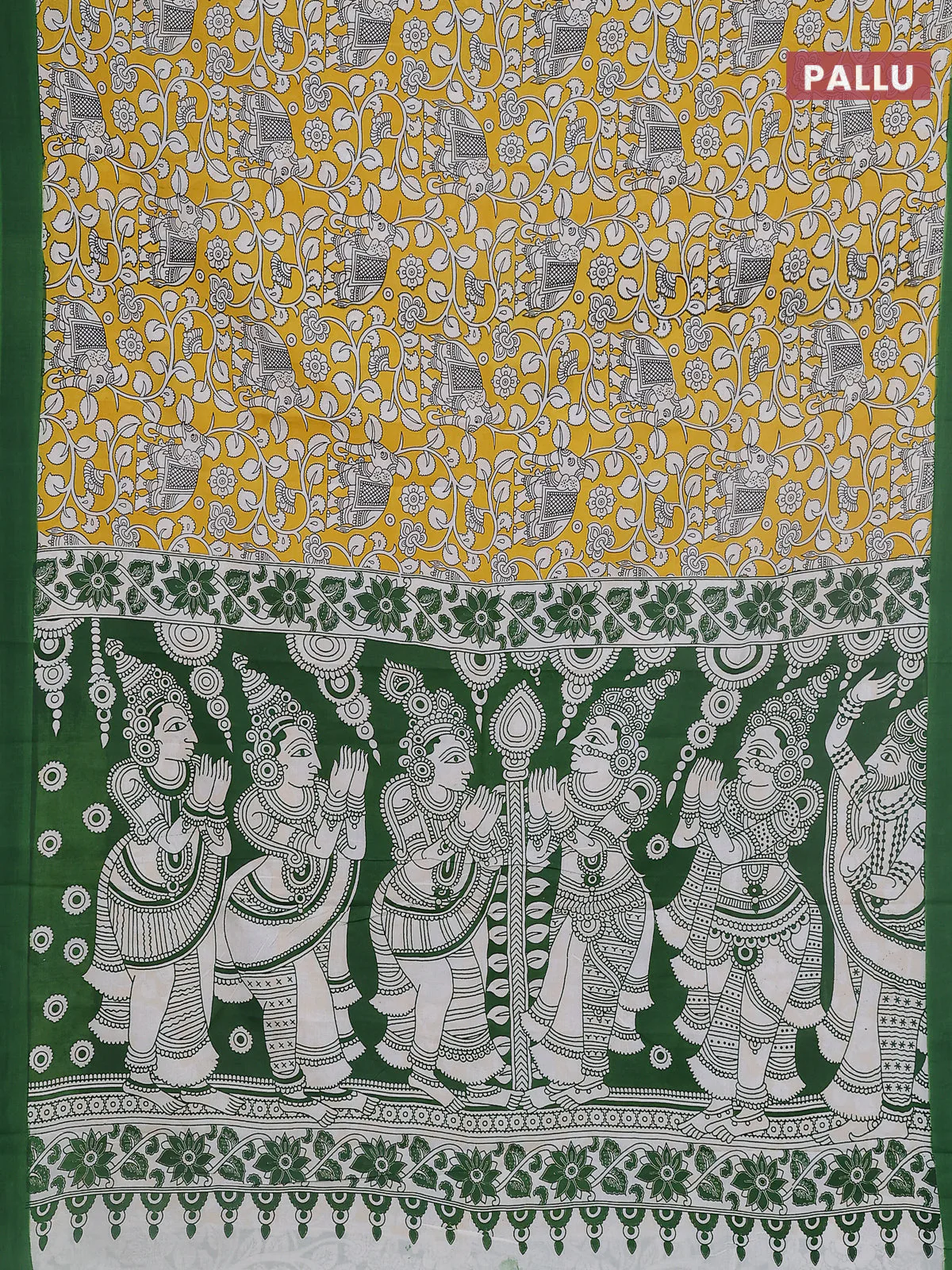 Kalamkari semi silk saree yellow and green with allover prints and simple border - Image 3