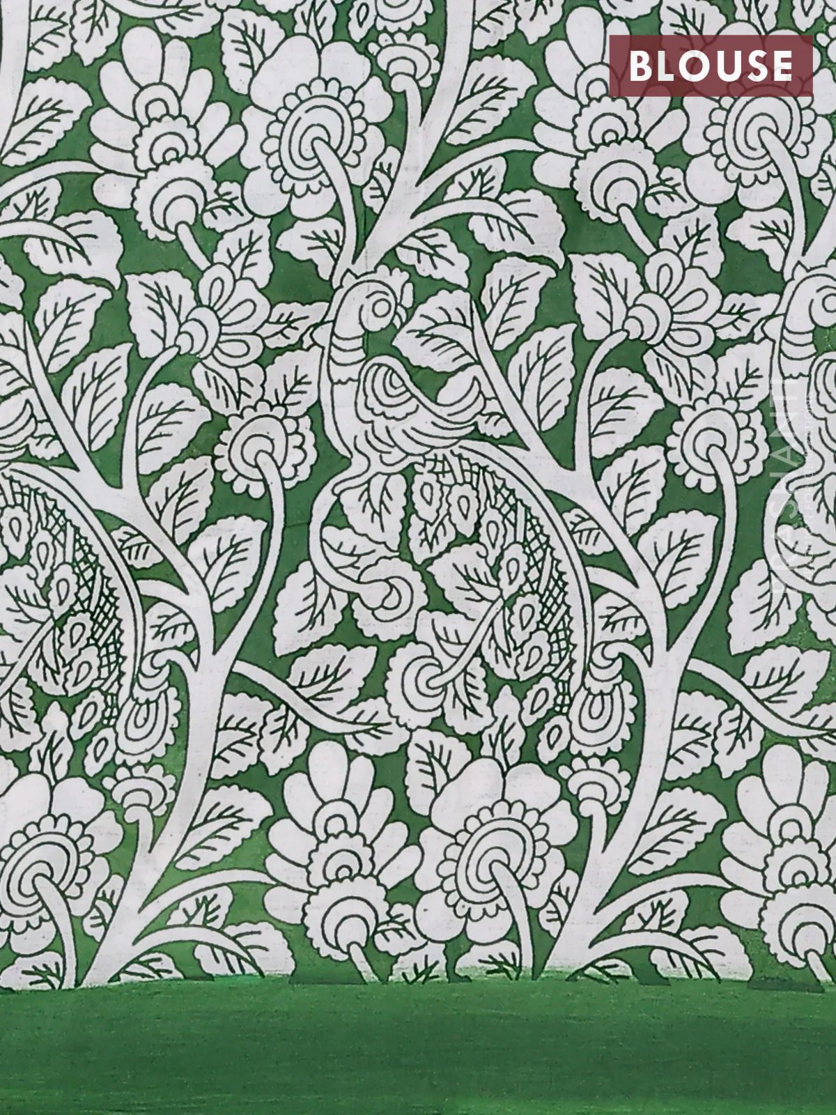 Kalamkari semi silk saree yellow and green with allover prints and simple border - Image 4