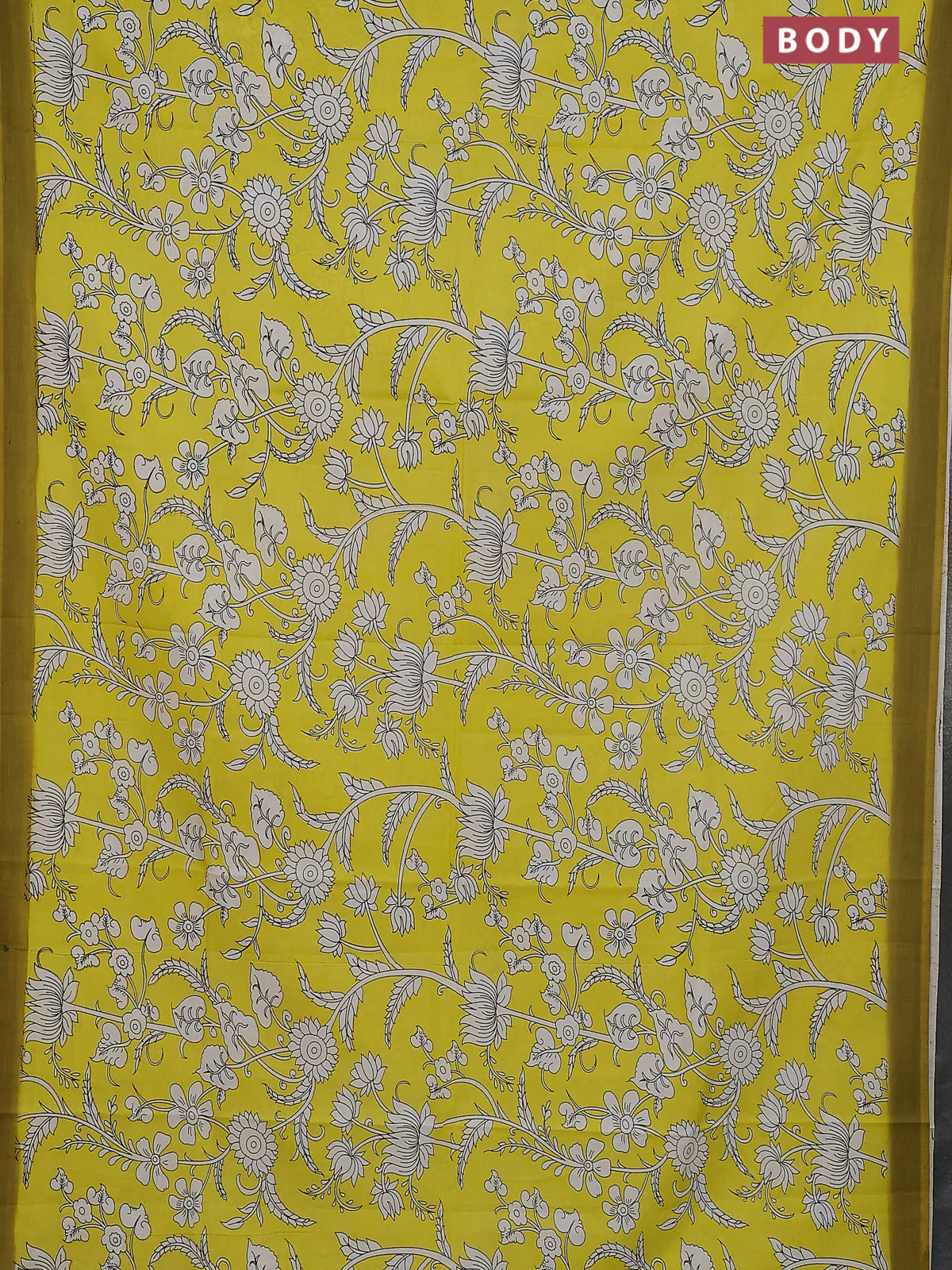 Kalamkari semi silk saree yellow and light green with allover prints and simple border - Image 2