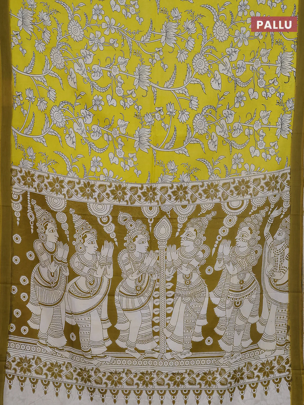Kalamkari semi silk saree yellow and light green with allover prints and simple border - Image 3