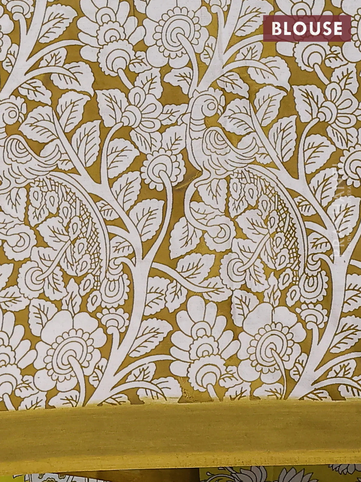 Kalamkari semi silk saree yellow and light green with allover prints and simple border - Image 4